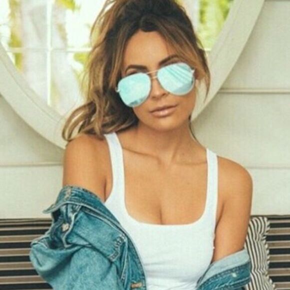 QUAY X Desi High Key Silver and Blue Mirrored Rimless Aviator Sunglasses - Picture 1 of 12